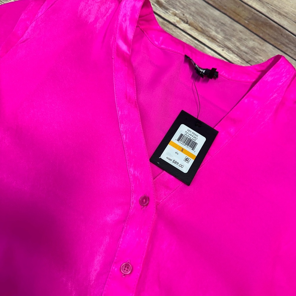 DKNY Women's Pink Satin 3/4-Sleeve Peplum Top Shocking Pink Size S - Picture 4 of 5